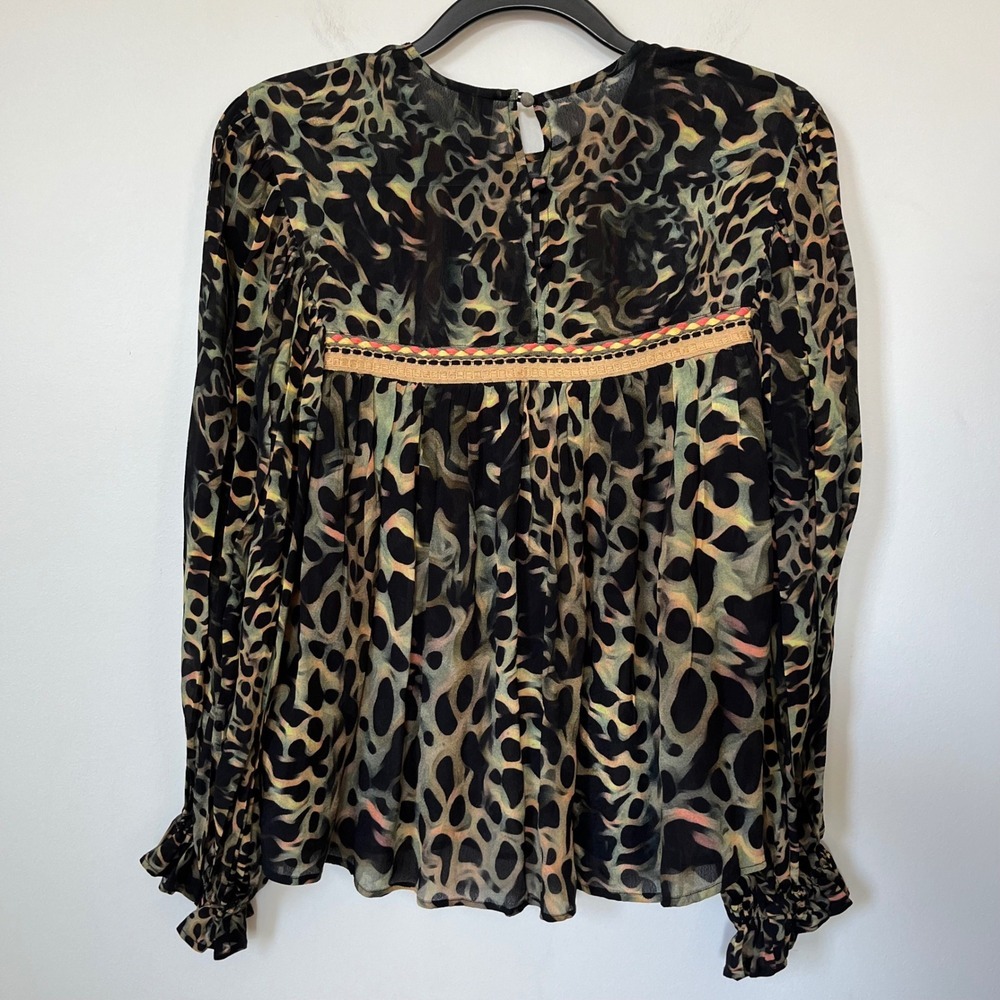 Bl^nk London Joelle Leopard Print Peasant Blouse XS Black Green - Picture 9 of 16